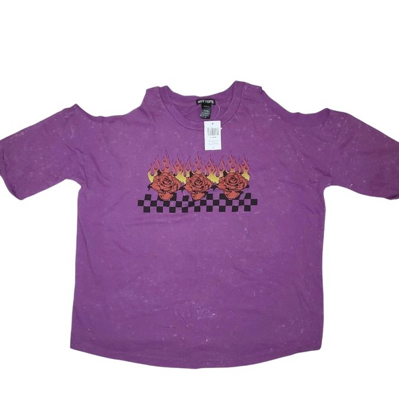 Hot Topic Plus 0 0X 1X Purple Checkered Roses Tattoo Top NWT Cold Shoulder - Picture 1 of 3